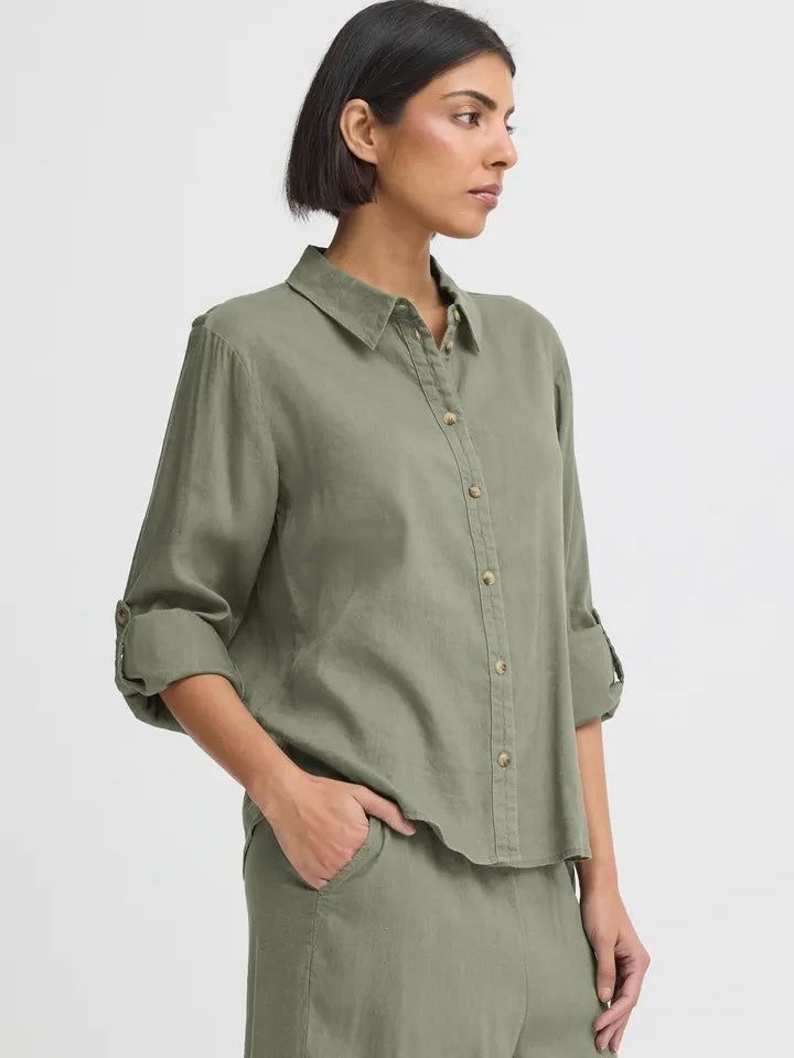 LIN SKJORTE PZLUCA LS DEEP LICHEN GREEN